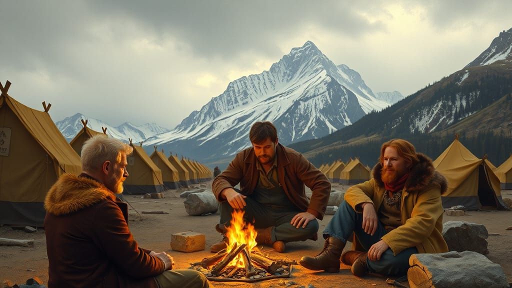 Klondike Gold Rush Camp With Friends Around Fire