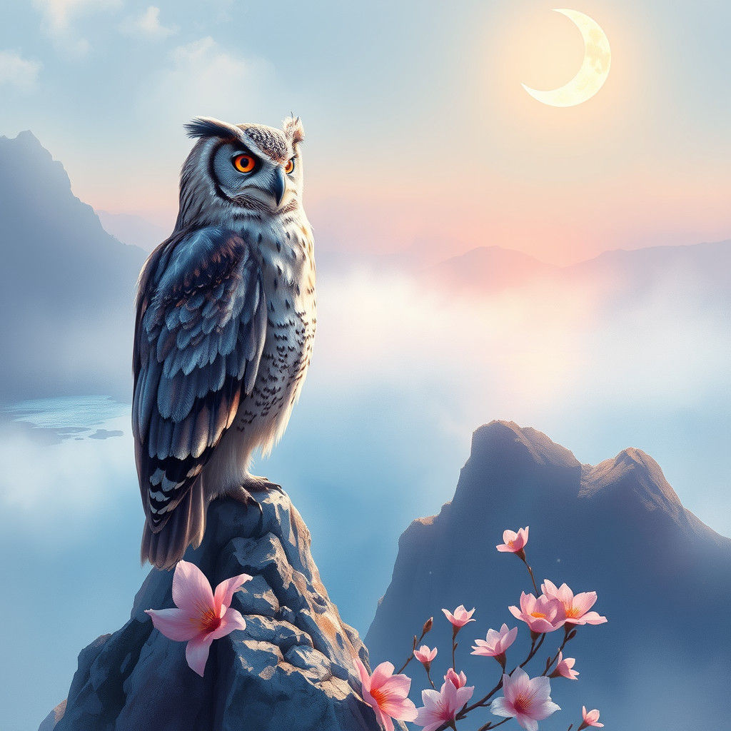Thoughtful Owl Overlooking Spring Sea in Watercolor Style