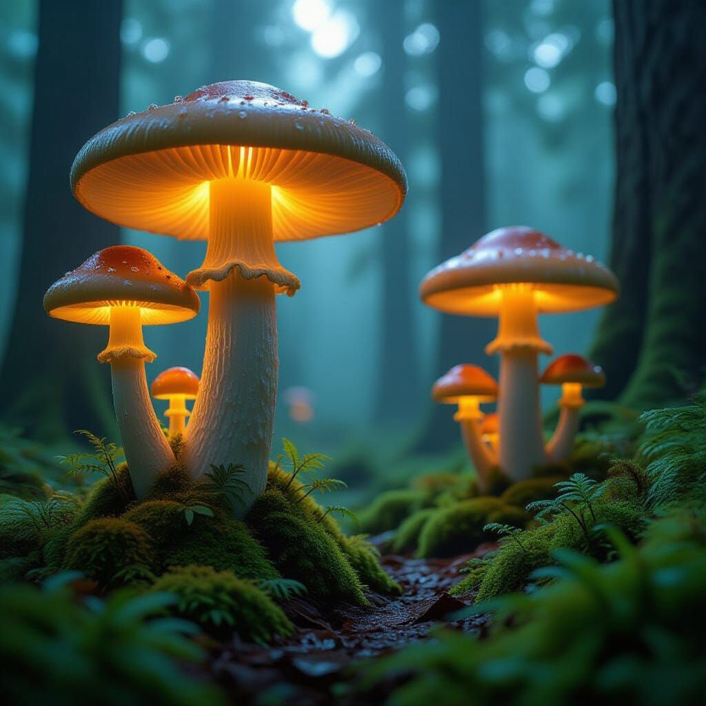 Bioluminescent Mushrooms Replace Trees in Ethereal Forest