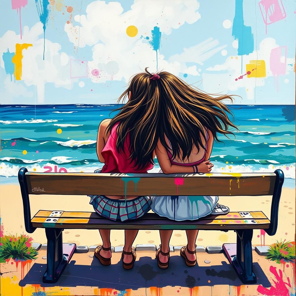 Two Friends at the Beach in Graffiti Style