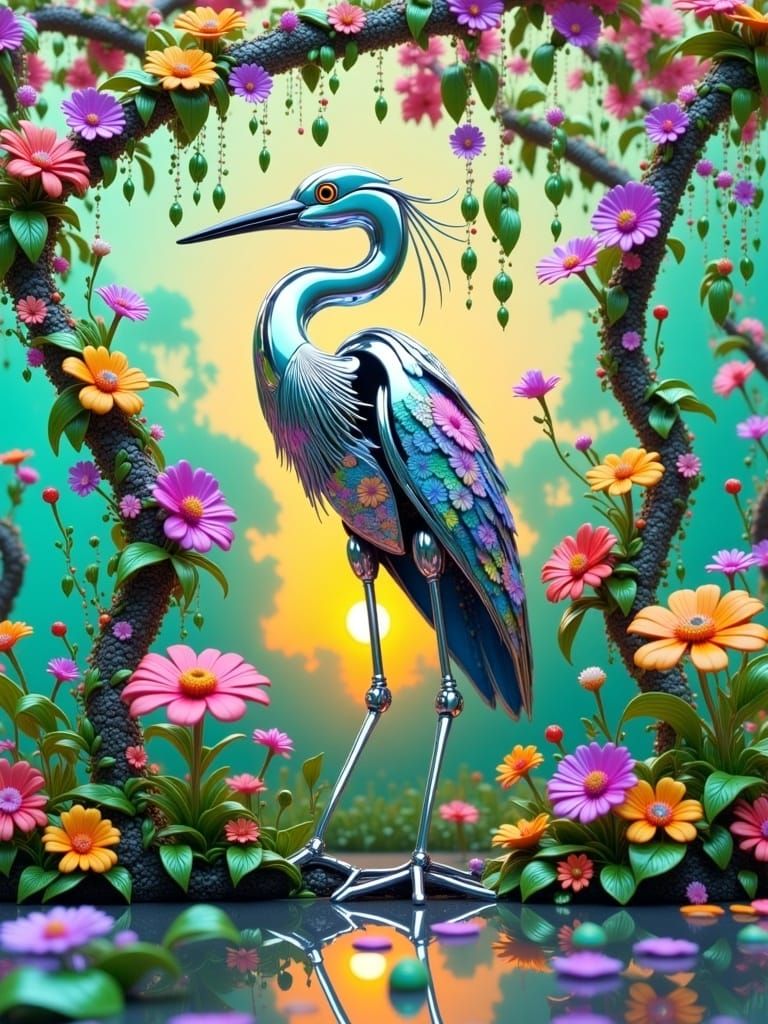 Flower Chrome Robot Egret Bird in Sunset