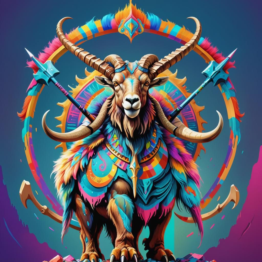Ibex with Trident Horn on Mammoth in Digital Art