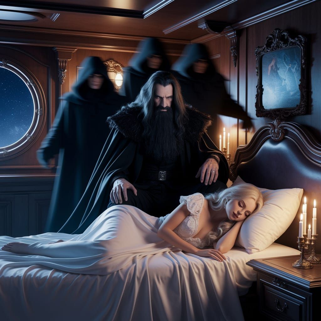 Dark Wizard Guards Sleeping Beauty in Ship's Cabin