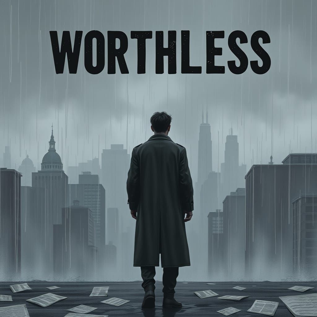 Desolate Cityscape with Lone Figure and 'Worthless' Title