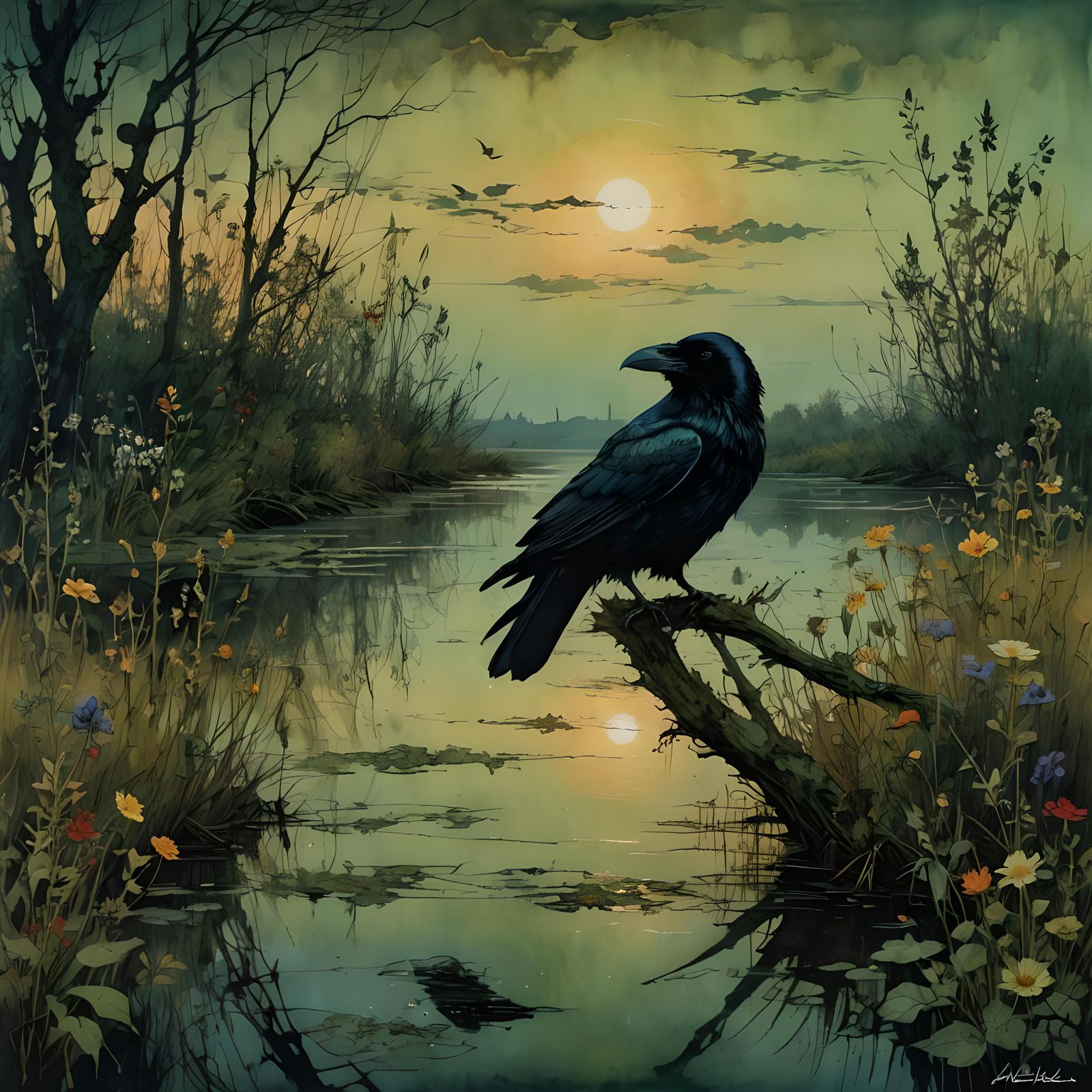 Raven in Dark Sunset Swamp: Color Print Art