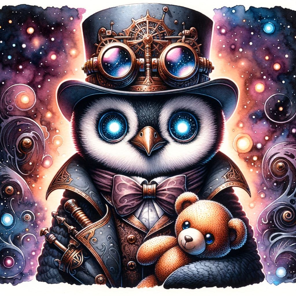 Steampunk Penguin with Teddy Bear in Watercolor Style