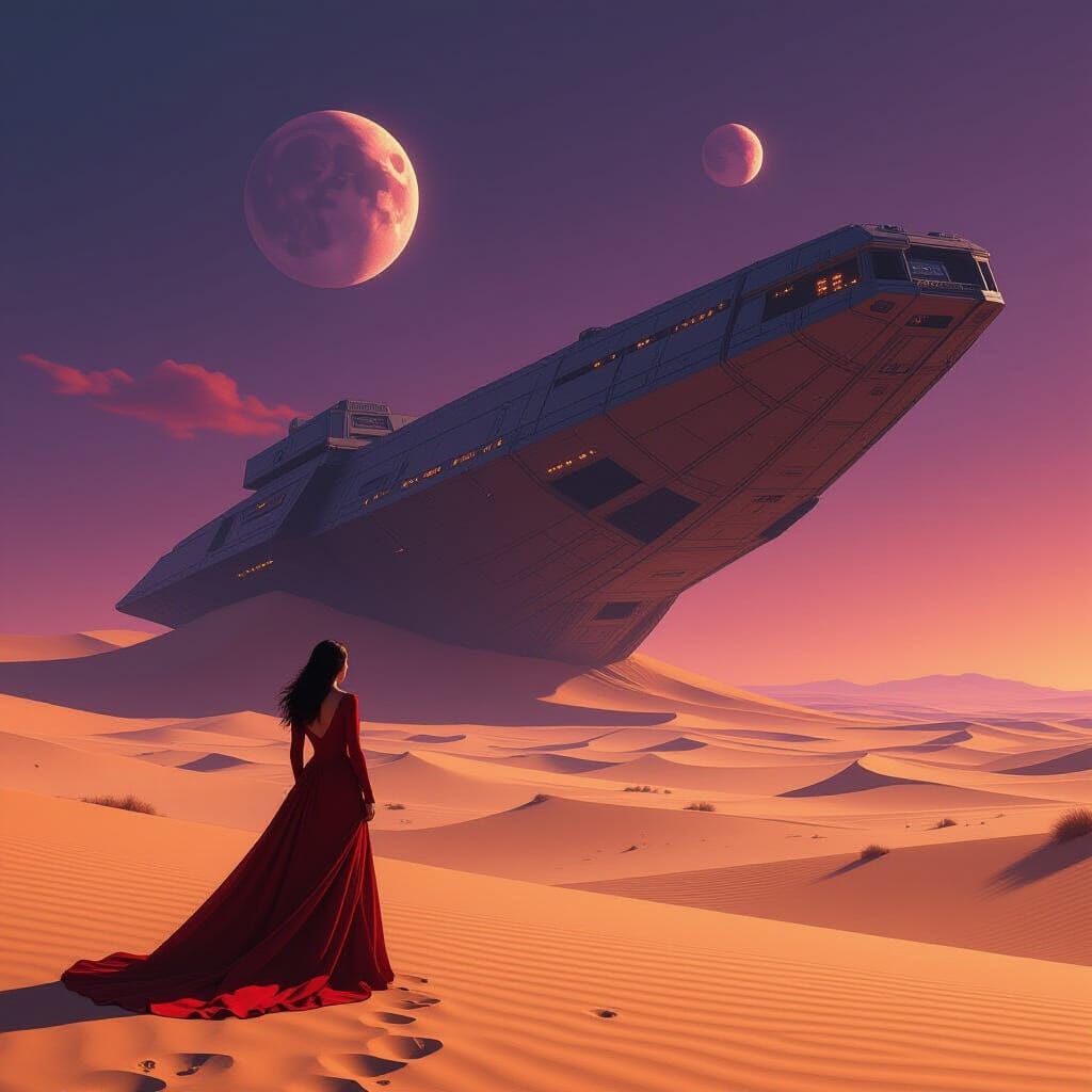 Woman Gazes at Derelict Spaceship on Windswept Plain