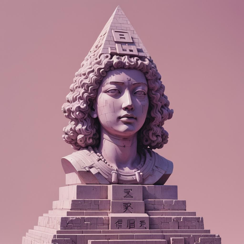 Vaporwave Statue Head with Pyramid and Hiragana