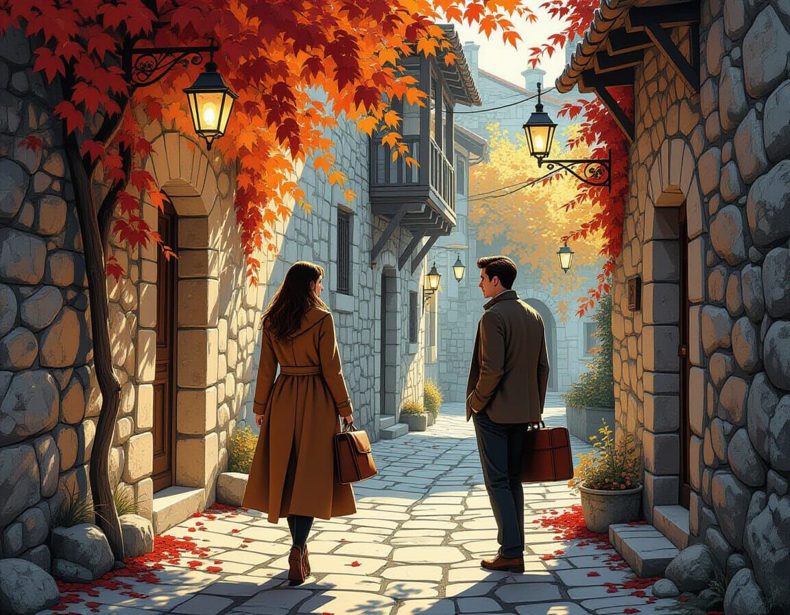 Romantic Alley Encounter in Charcoal Drawing Style