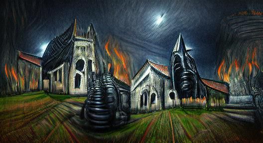 Burning Church: Hyperrealistic Film Noir Charcoal Drawing