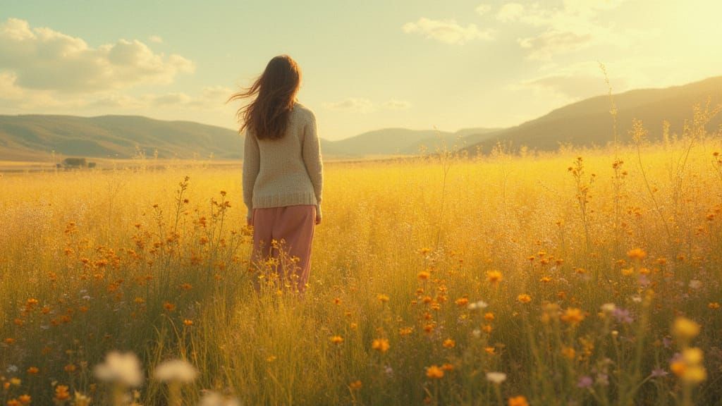 Golden Meadow: Woman in Sweater, Impressionistic Fantasy
