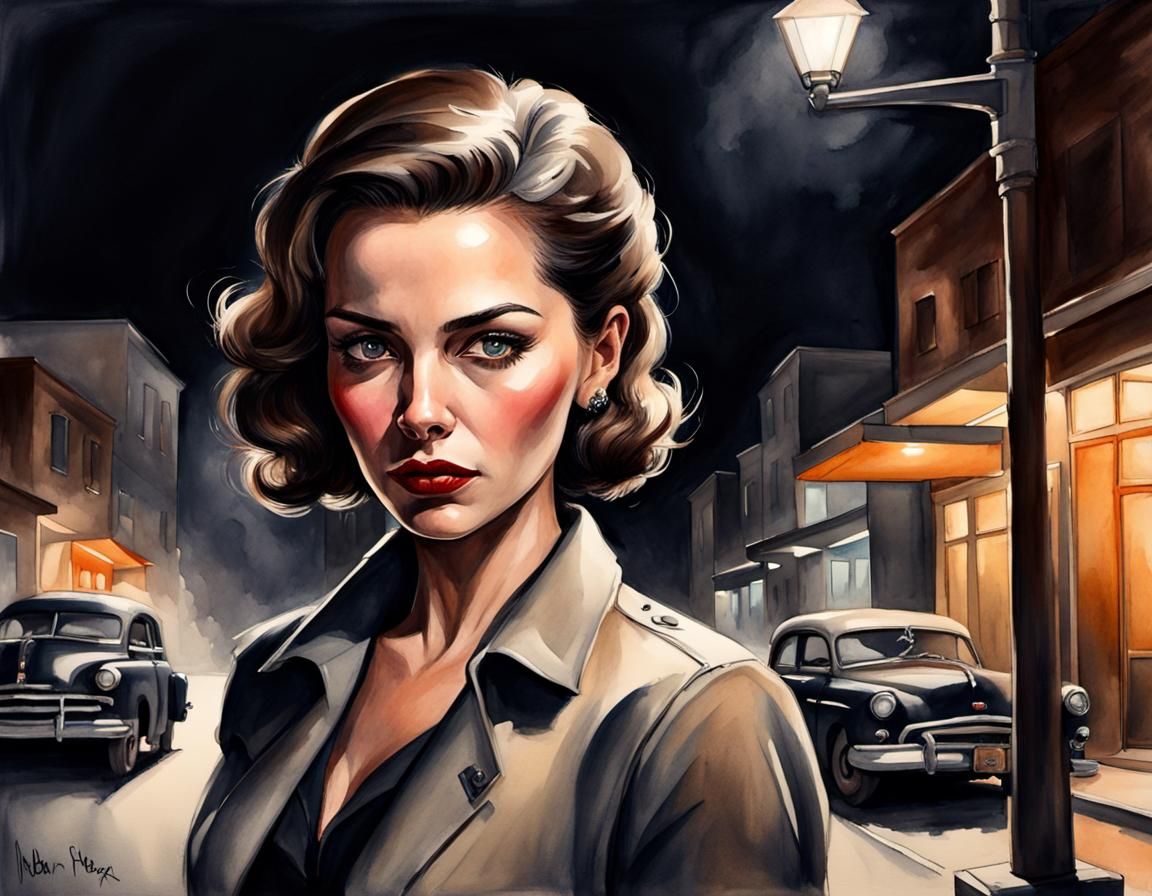 Noir Detective in 1950s Los Angeles, Watercolour