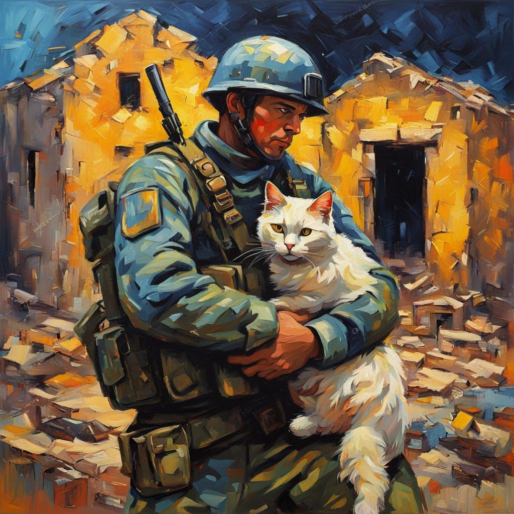 Ukrainian Soldier and Cat: Expressionist Oil Painting