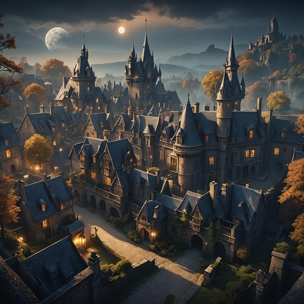 Haunted Village with Shadows and Moonlit Manor
