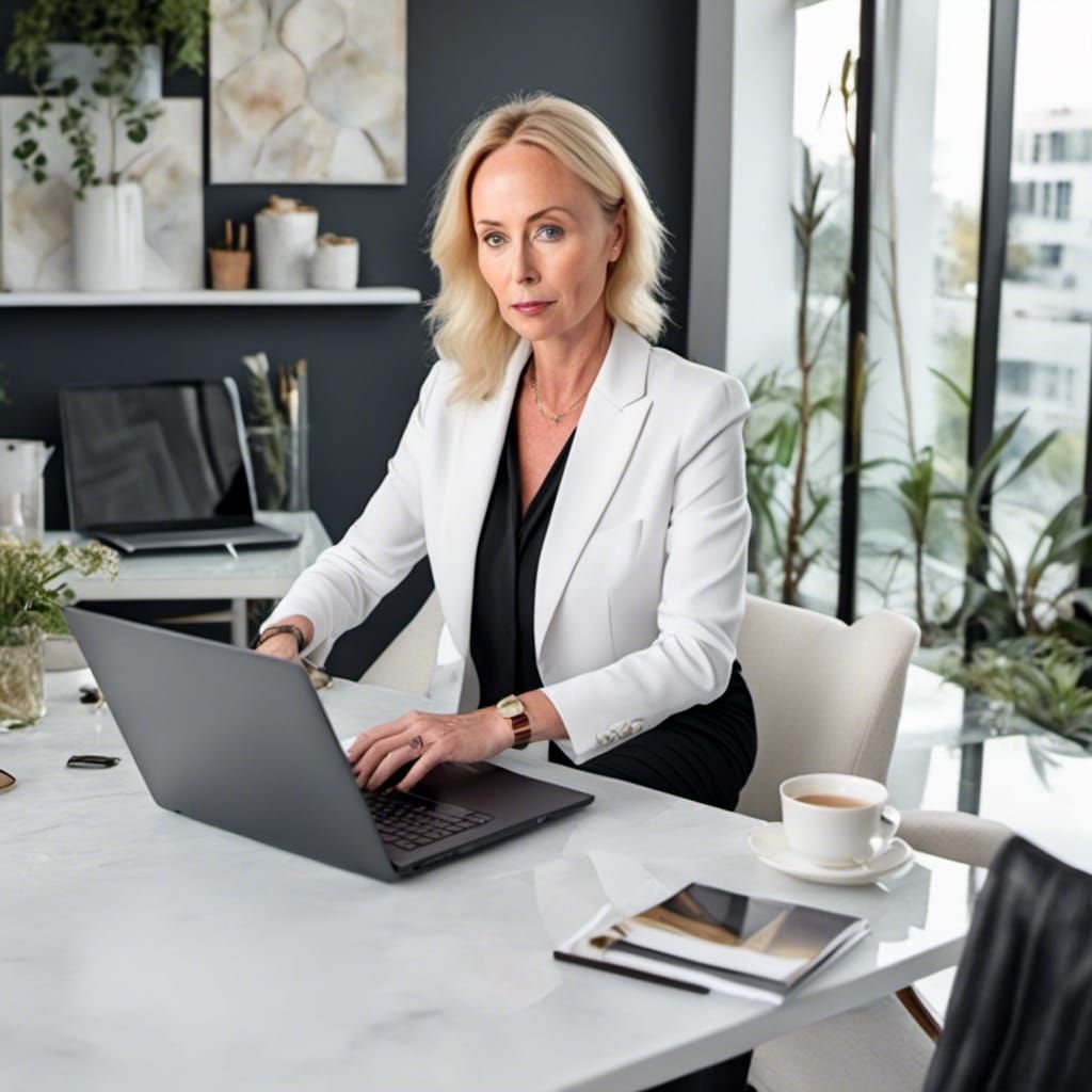 Transwoman Working on Laptop in Modern Office