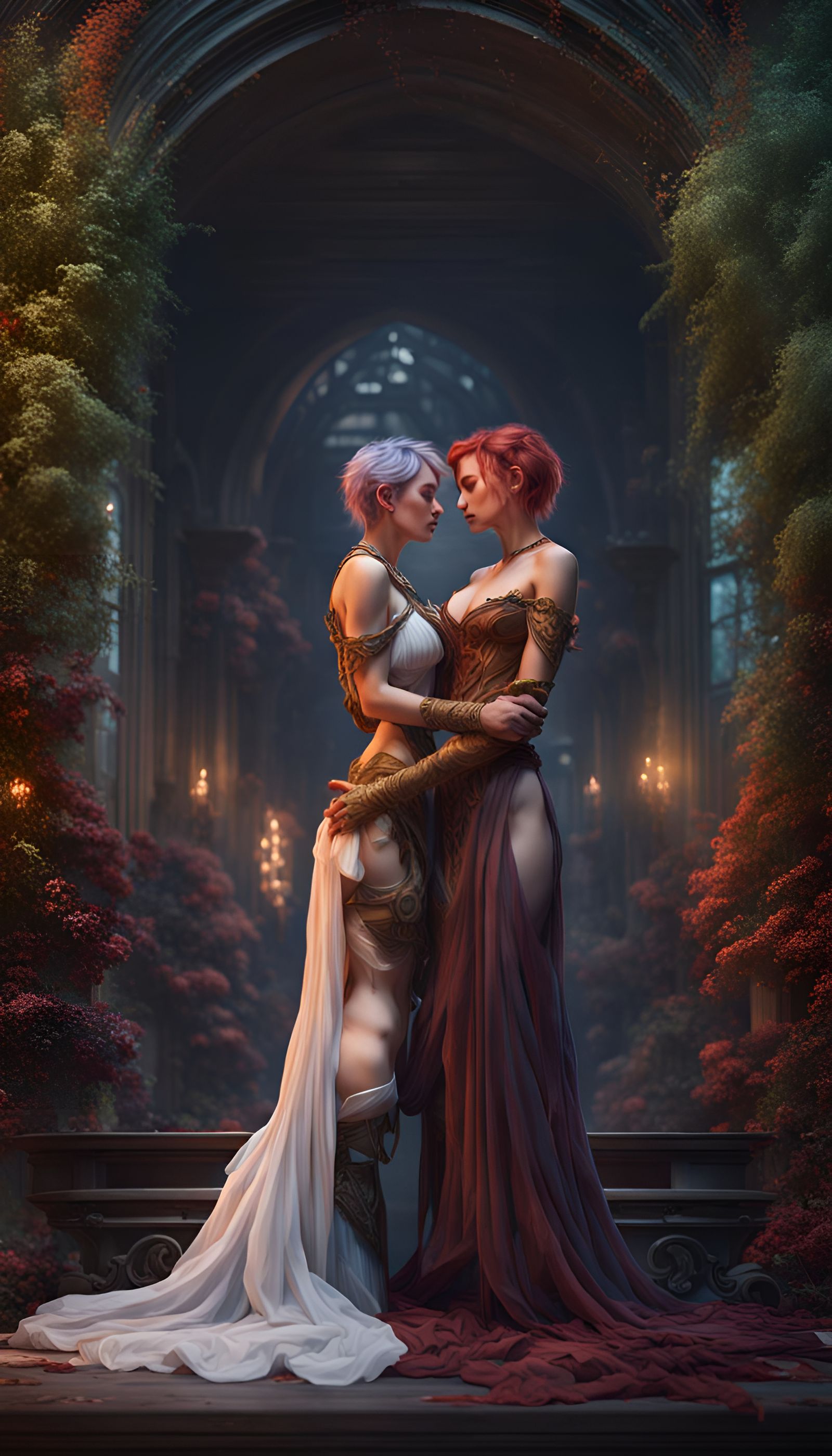 Passionate Lesbian Couple in Detailed Fantasy Art