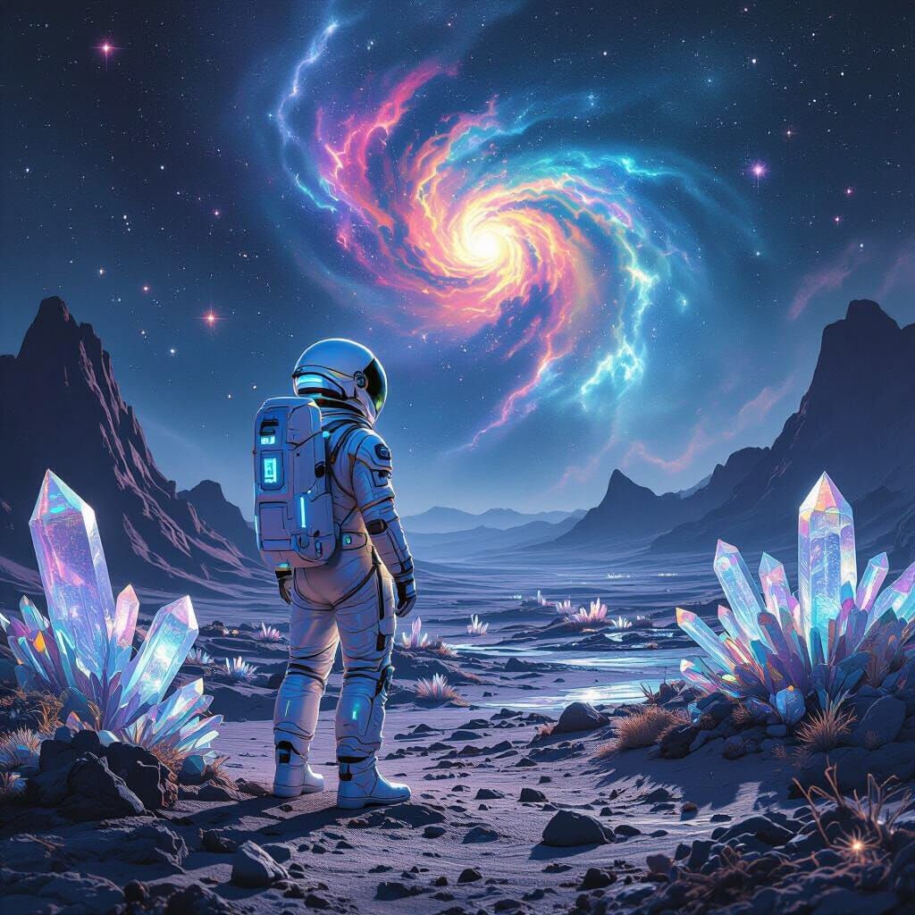 Astronaut on Alien Planet Gazing at Nebula