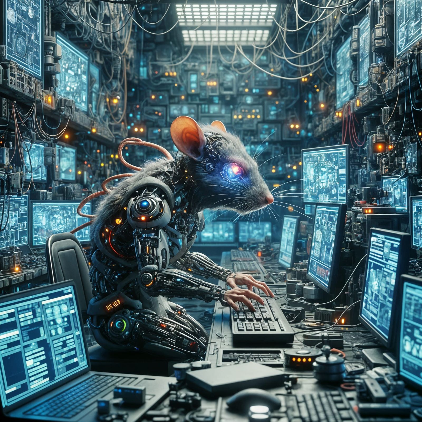 Technologically Enhanced Rat Humanoid in Laboratory