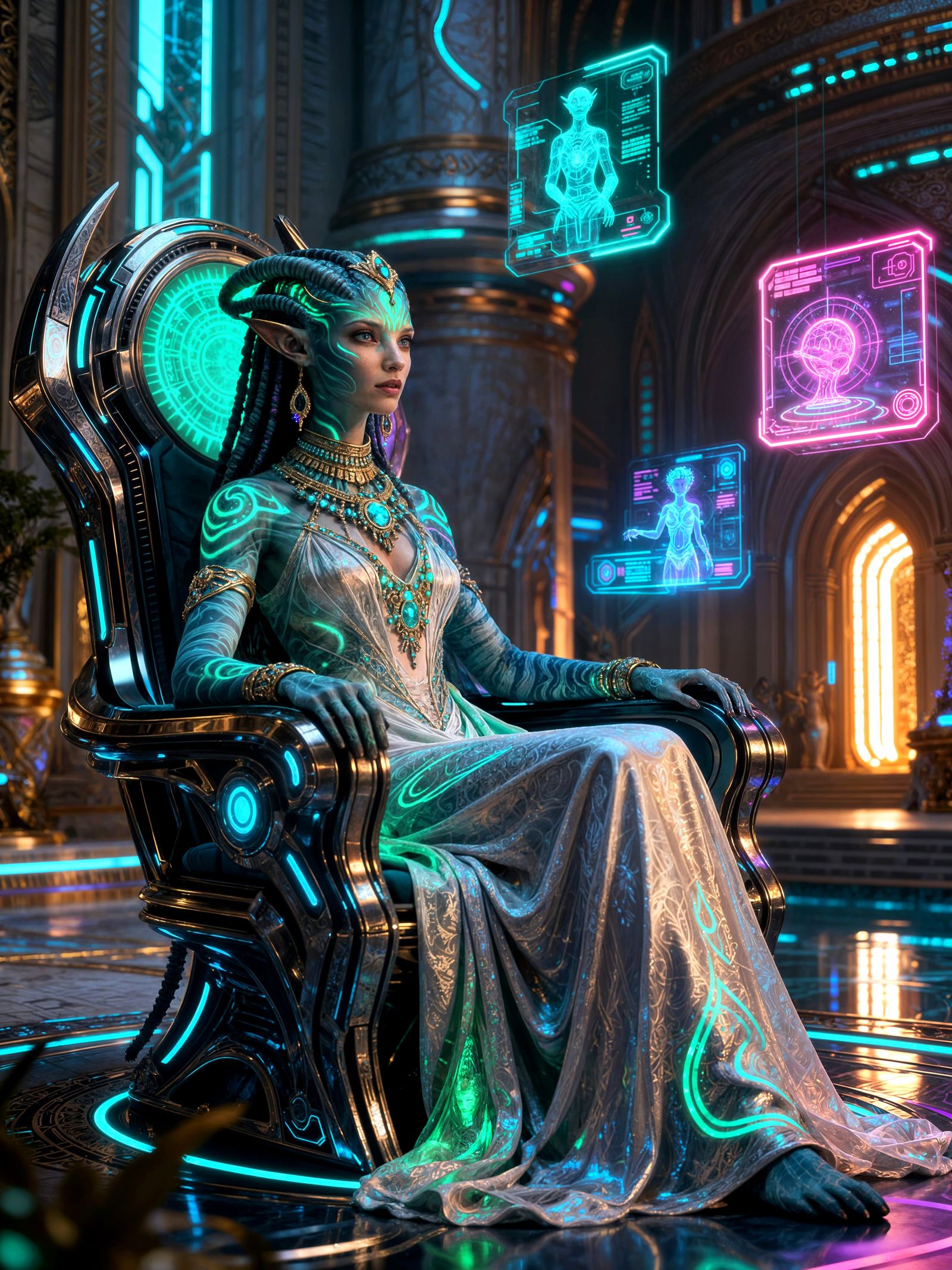Alien Queen on Futuristic Throne in Sci-Fi Palace