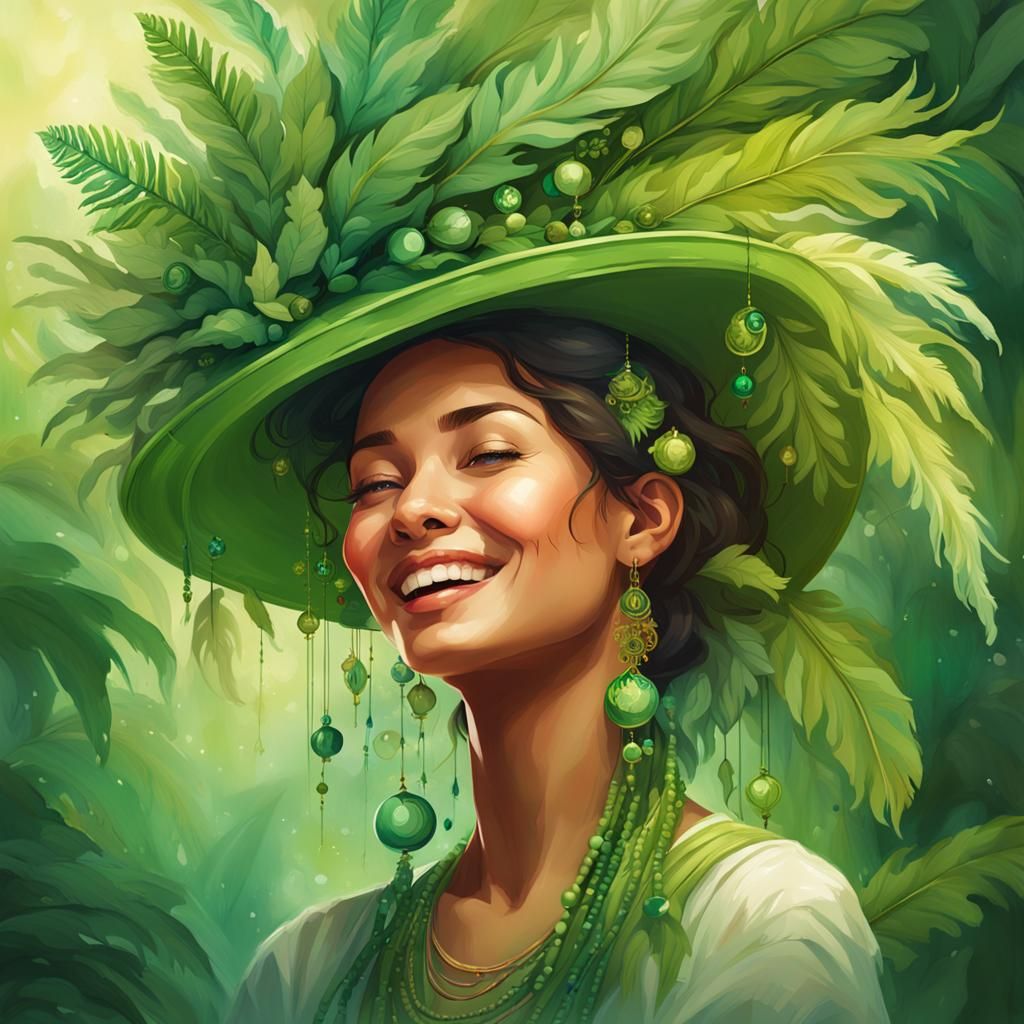 Woman in Extravagant Green Hat: Detailed Portrait