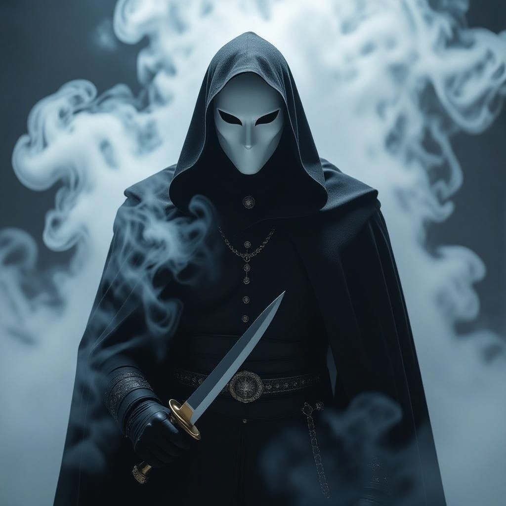 Mysterious Masked Figure with Knife in Dramatic Shadows