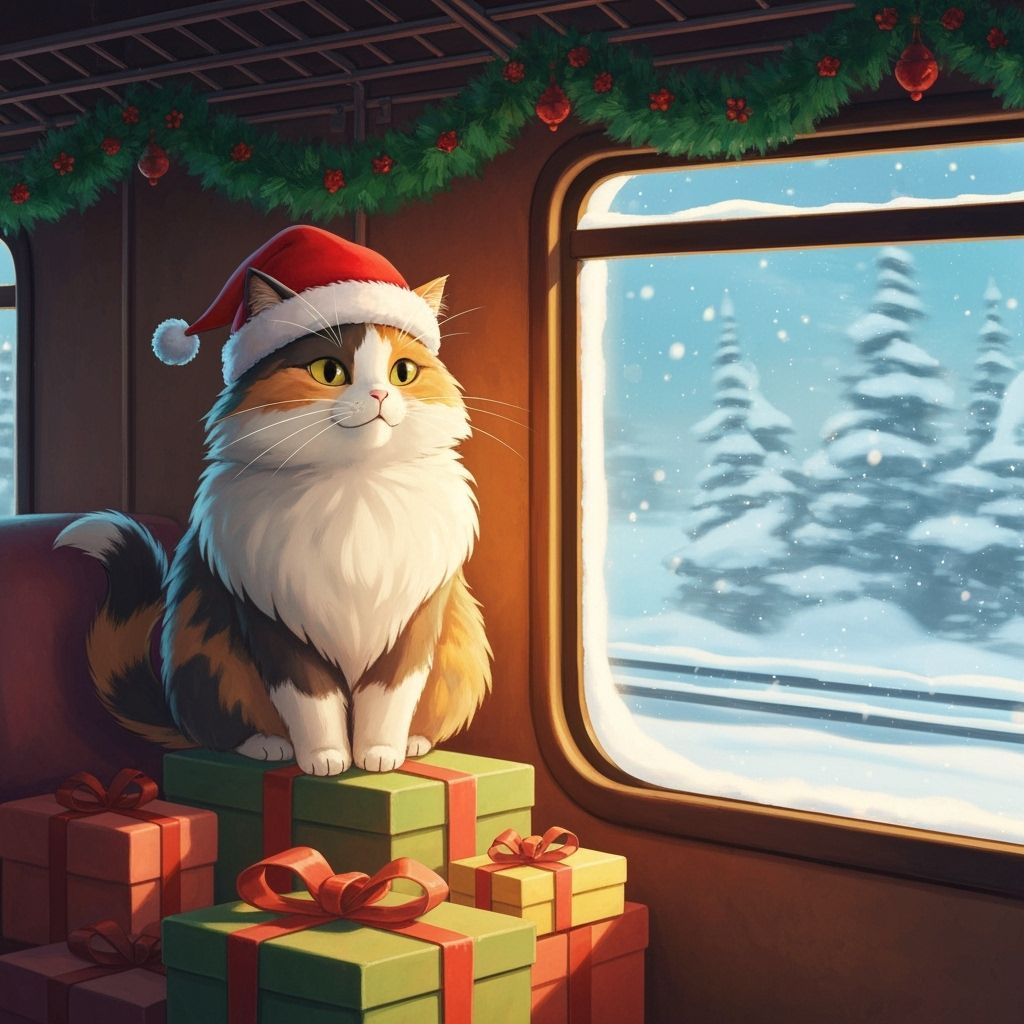 Fluffy Cat in Festive Train Carriage
