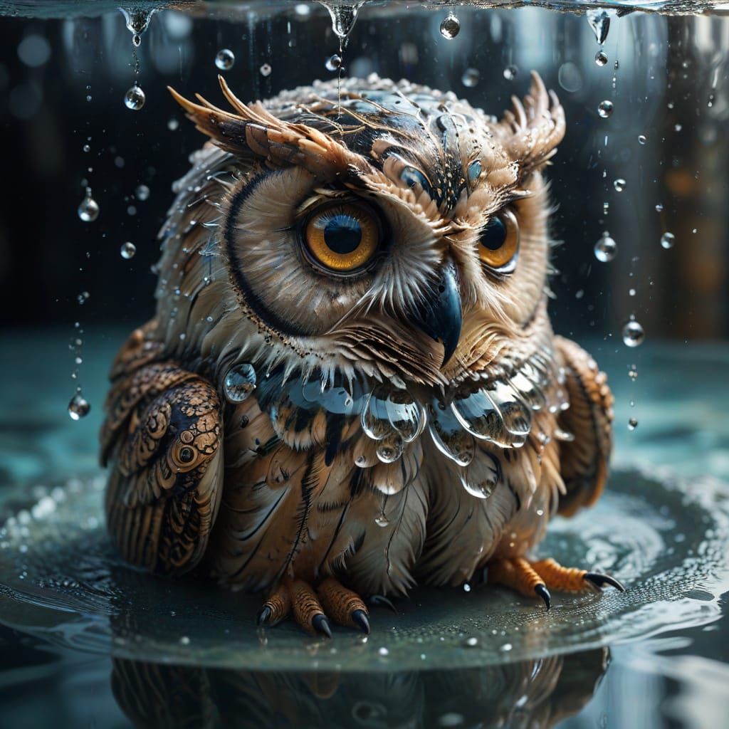 Transparent Water Owl in Hyperrealistic Hydroponic Art