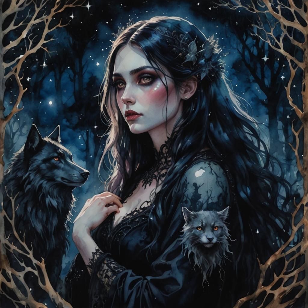 Gothic Girl and Monsters: Watercolor Storybook Scene