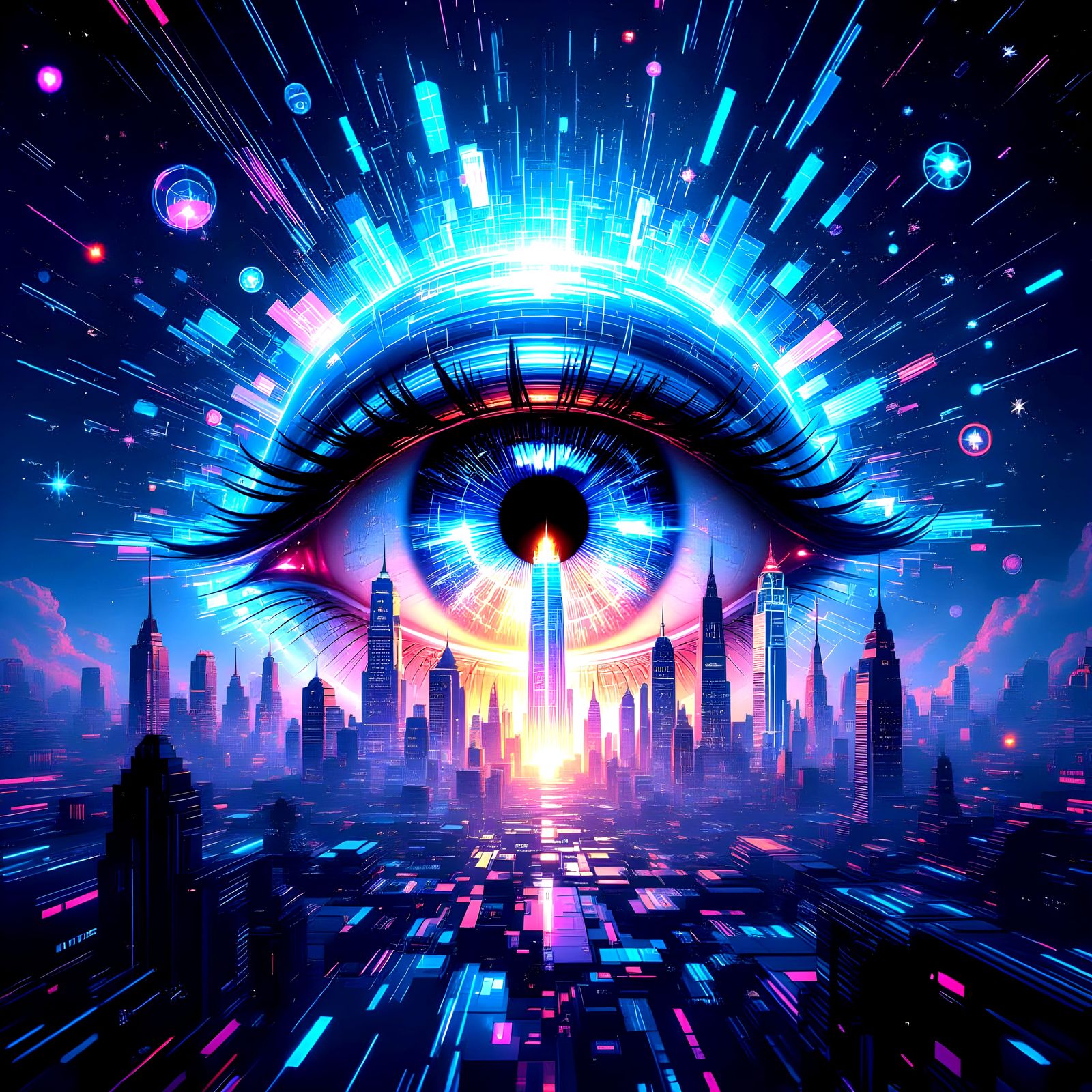Futuristic City Explodes From Cosmic AI Eye