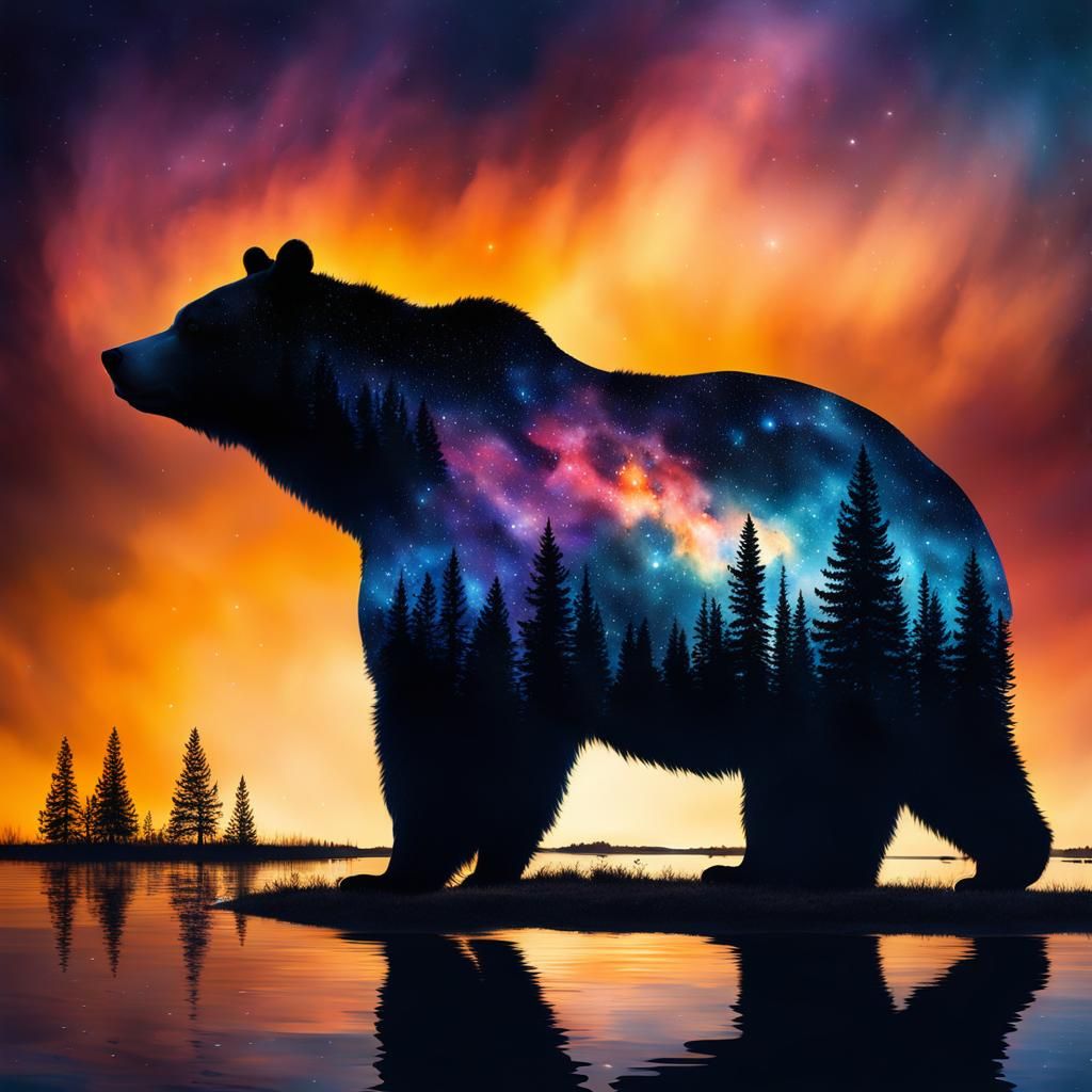 Hyperrealistic Double Exposure of Bear Silhouette at Sunset