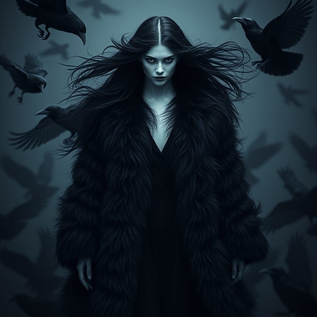 Mysterious Woman in Fur Coat with Ravens
