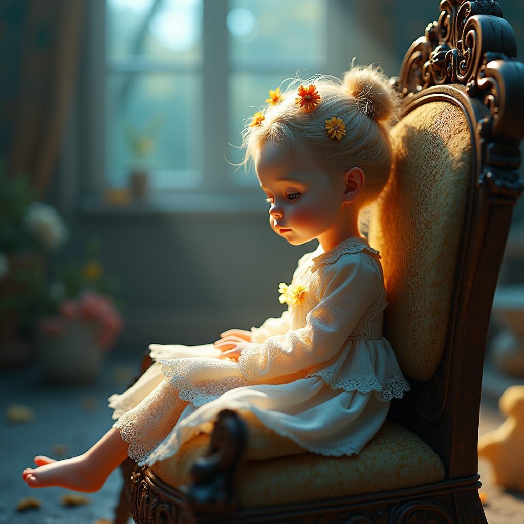 Lace Girl in Ornate Chair: Digital Dreamscape