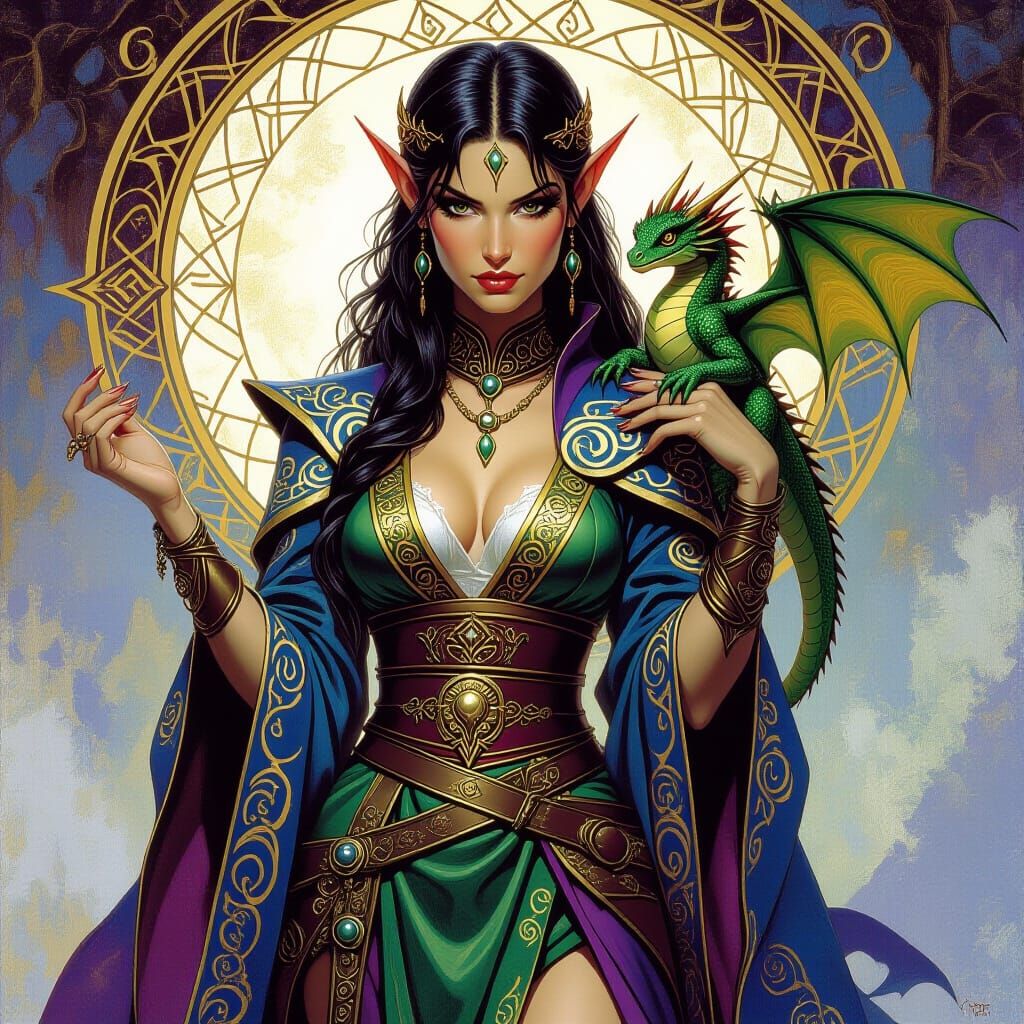 Elven Sorceress with Dragon, in Fantasy Art Style