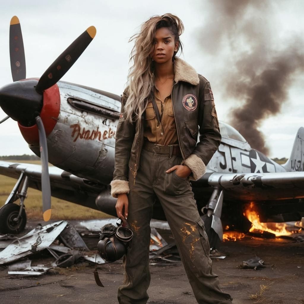 WWII Pilot in front of Burning Plane