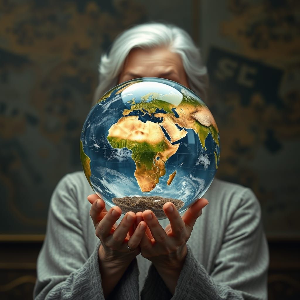 Woman Protecting Earth Glass Sphere, Hyperrealistic Style