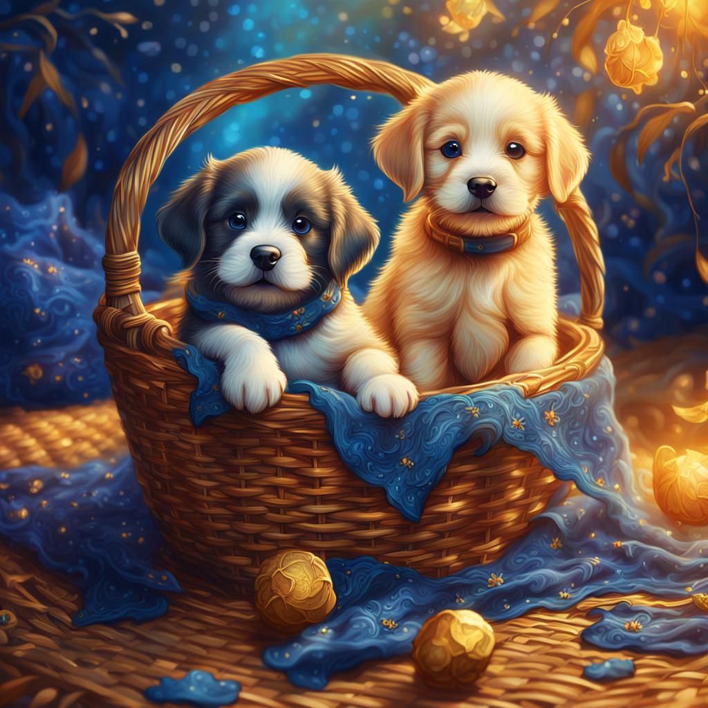 Puppies in Basket: Whimsical Fantasy Concept Art