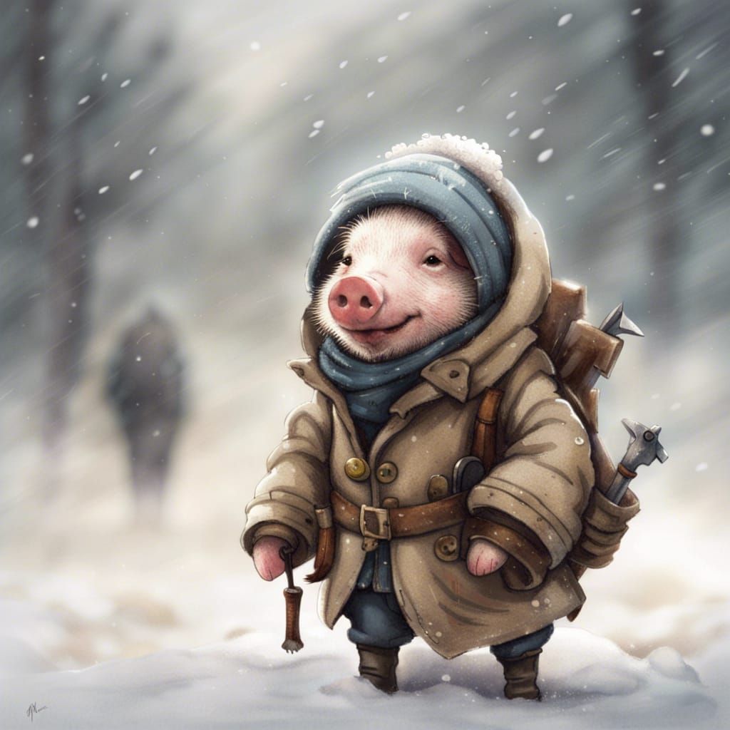 Piglet Adventurer in Winter Overcoat, Anthropomorphic Art