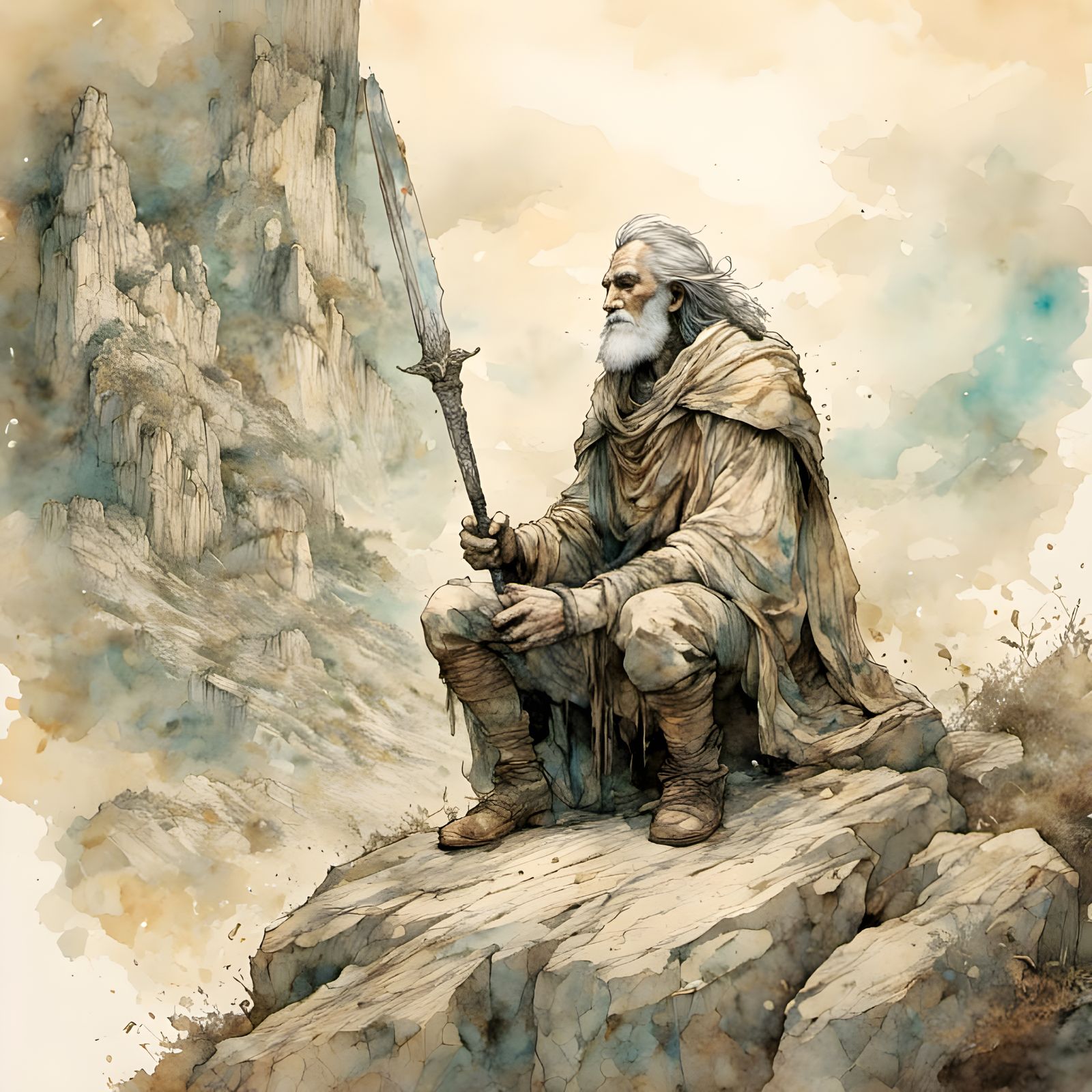 Prince with Ancient Sword, Sketch on Old Paper