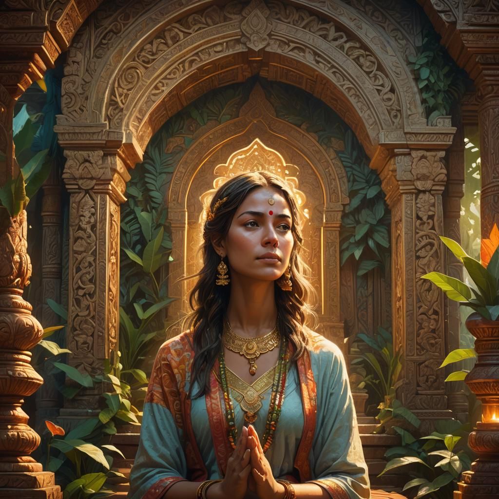 Serene Meditation in Hindu Temple, Fantasy Art