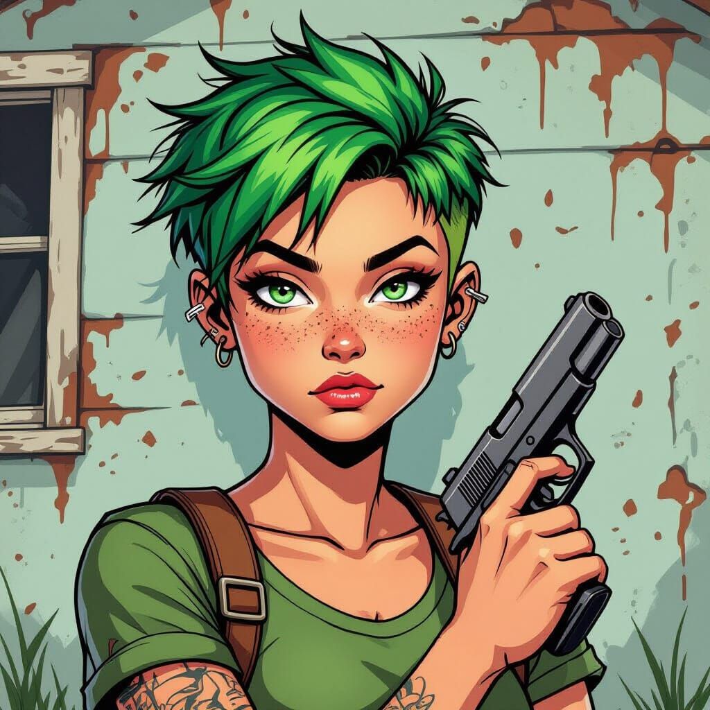 Cheeky Comic Woman With Green Hair and Pistol