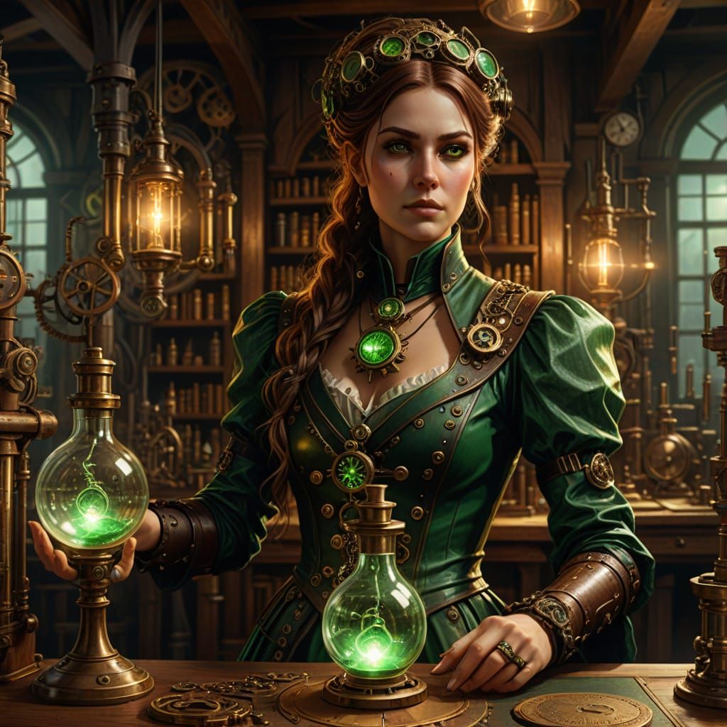 Steampunk Sorceress in Laboratory with Glowing Vial