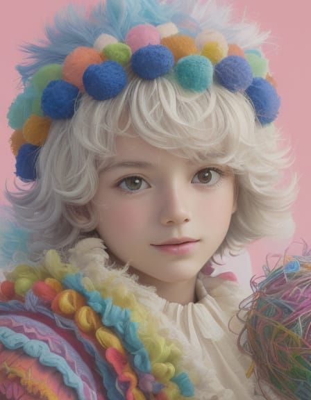 Cartoon Boy Surrounded by Colorful Pom Poms