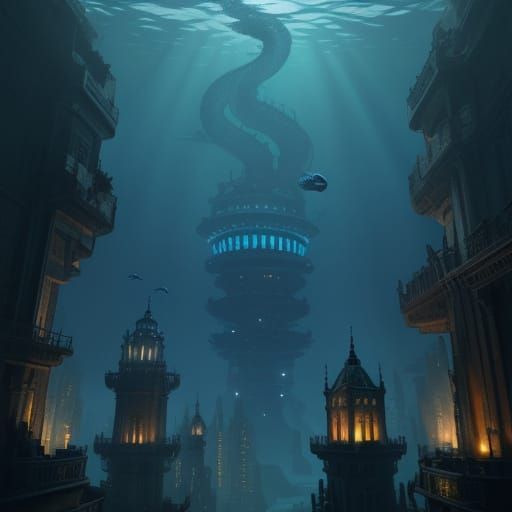 Surreal Underwater Metropolis Teeming with Six-Legged Blue S...