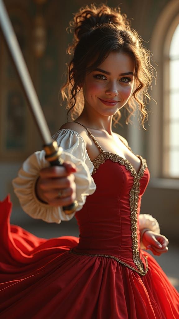 Energetic Woman with Rapier in Renaissance Ballroom