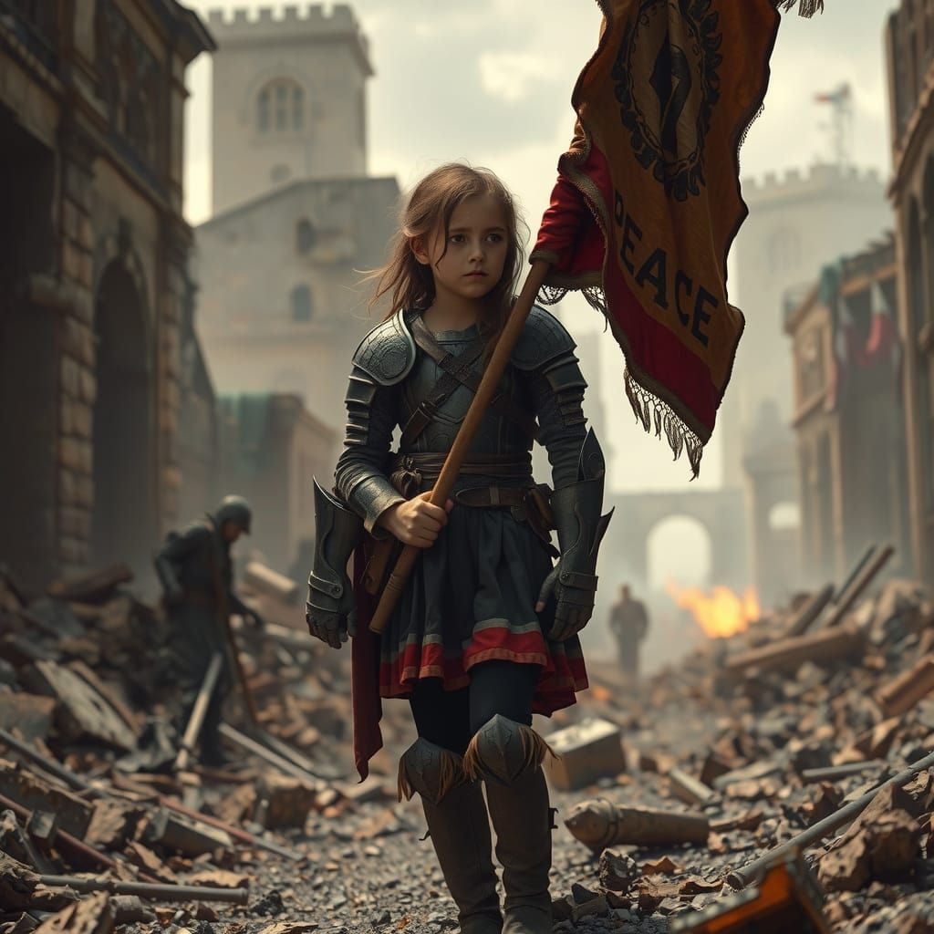 Girl with Peace Banner in War-Torn City