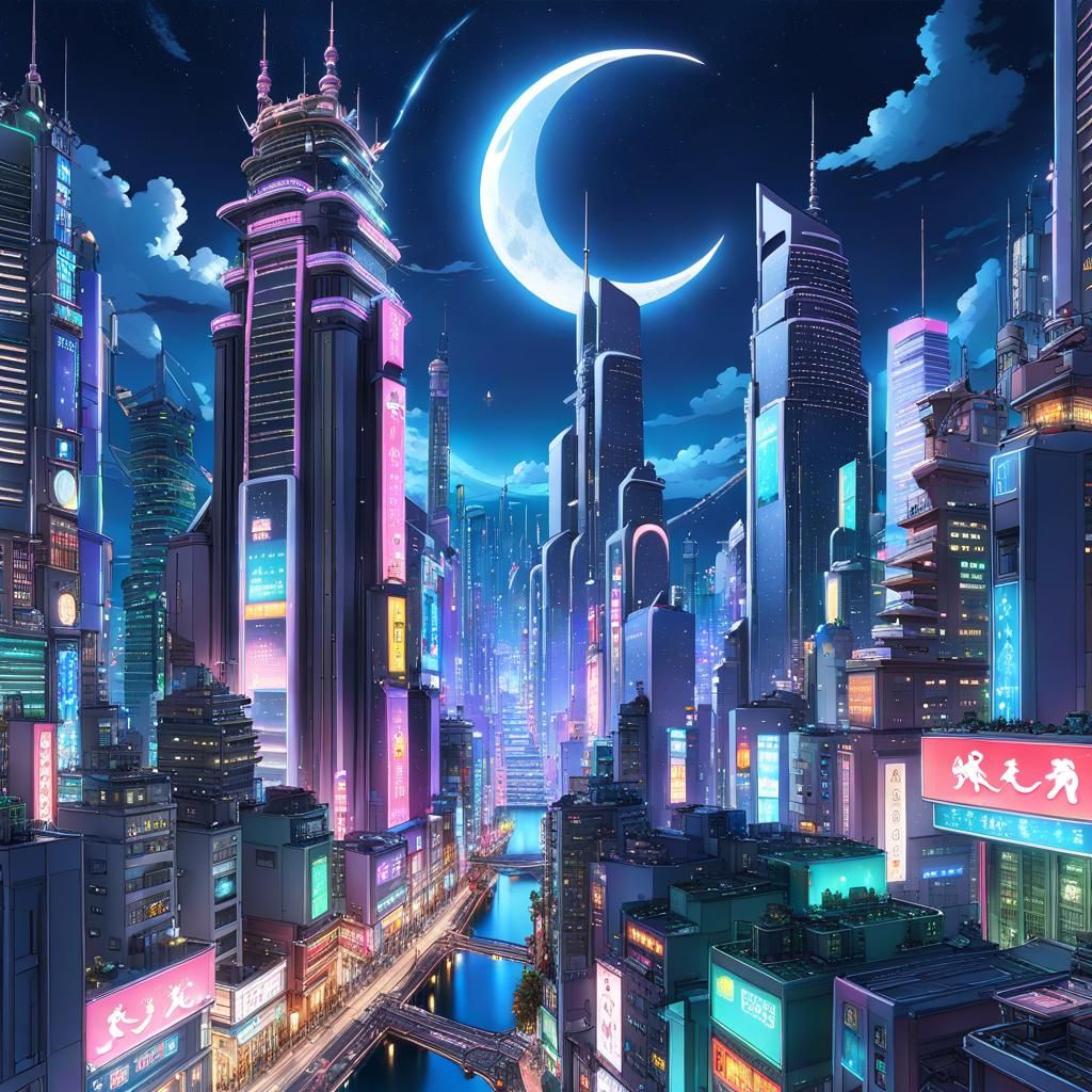 Futuristic Neon Metropolis at Night in Anime Style