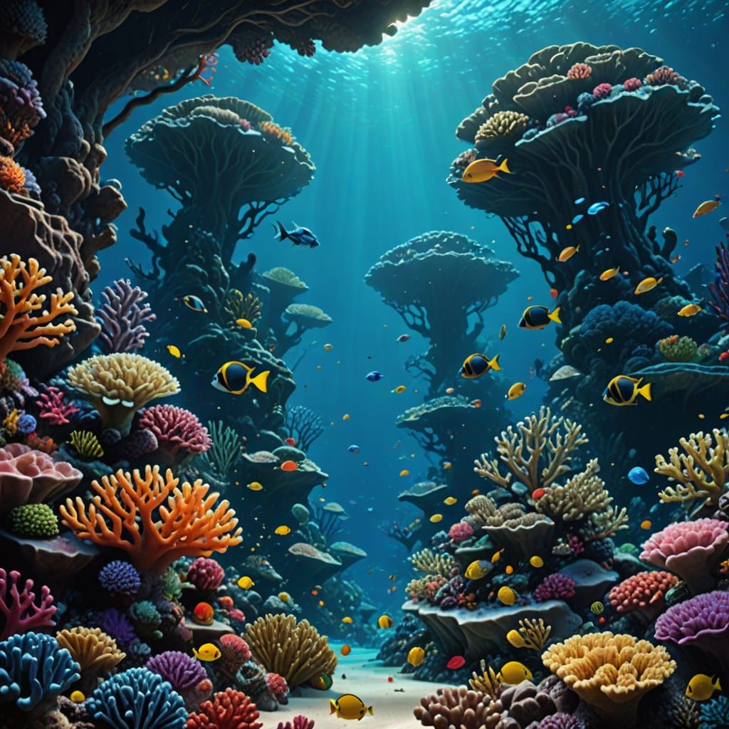 Surreal Coral Reef Landscape in Deep Blues and Violets
