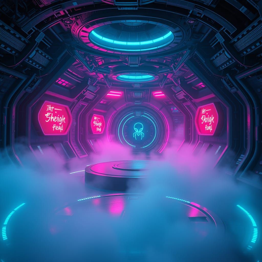 Retro Sci-Fi Starport with Neon Fog and Holograms