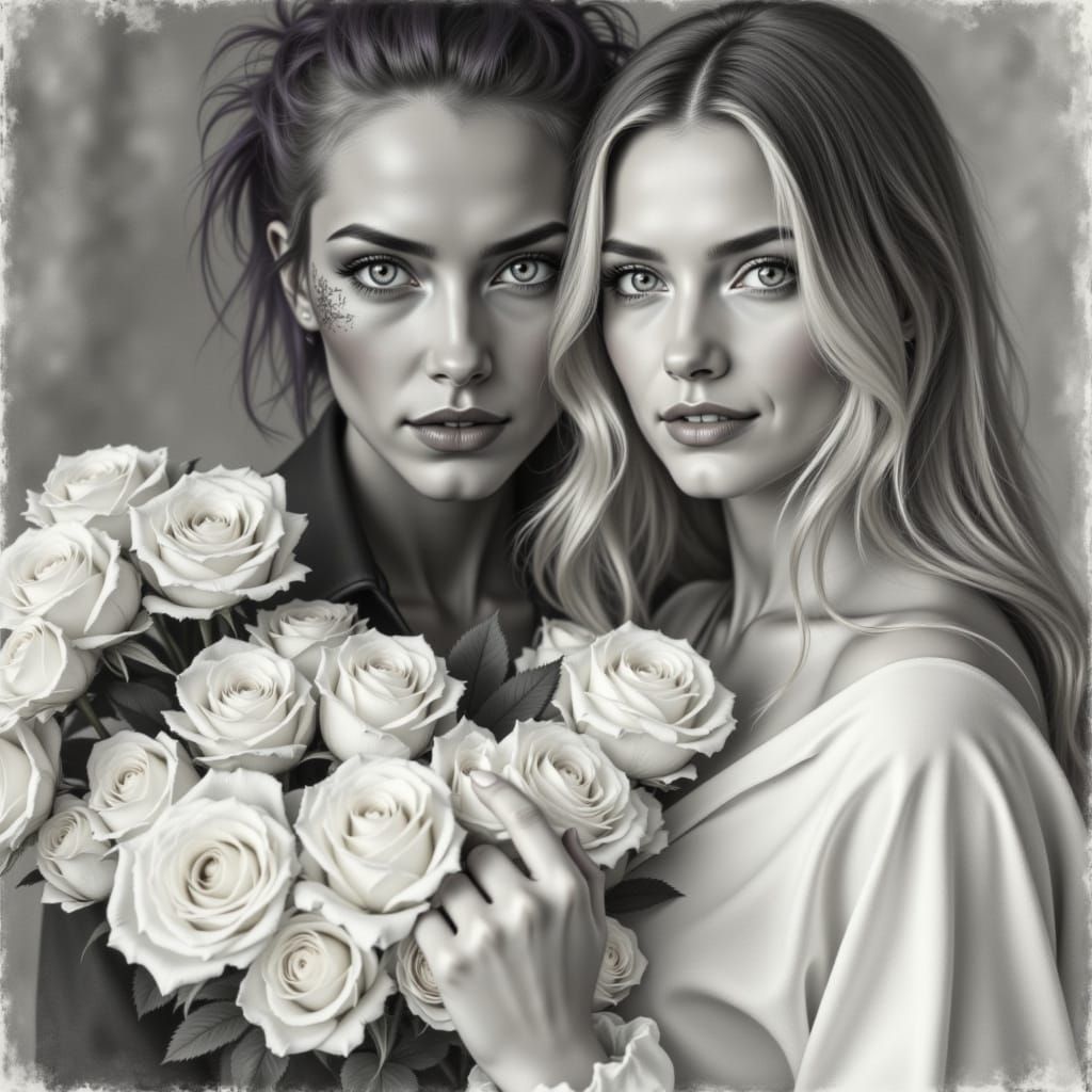 Charcoal Portrait of Woman Offering Roses, Punk Double Expos...