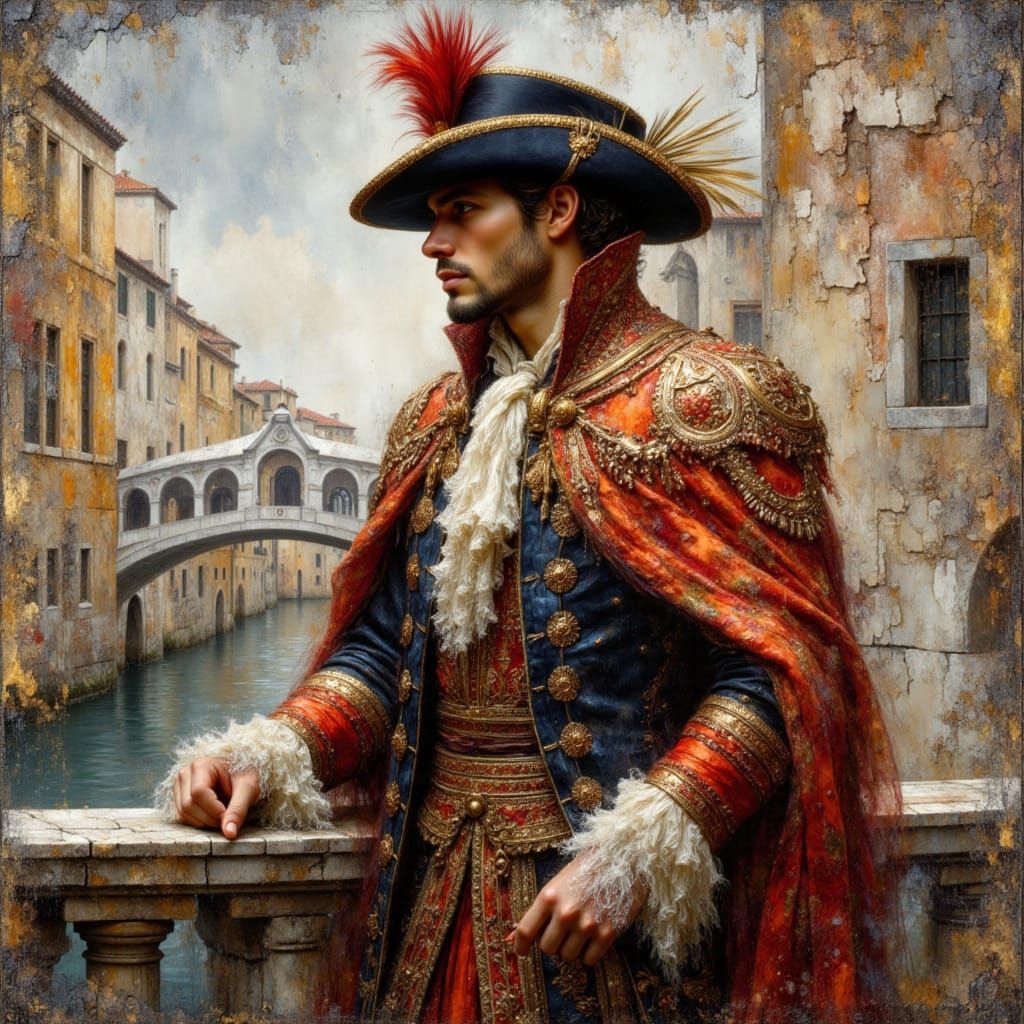 Italian Man at Bridge of Sighs as Oil Painting